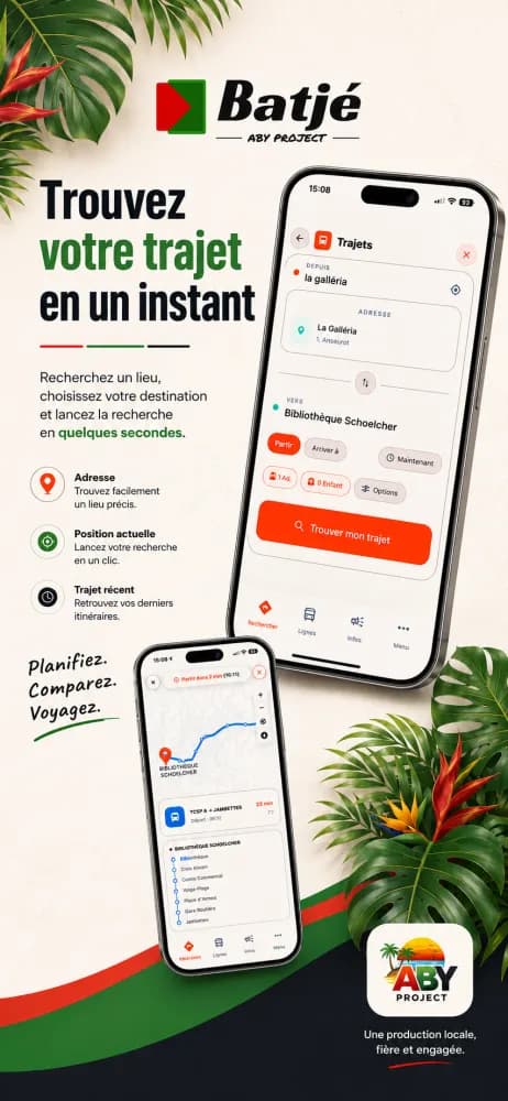 Aperçu de la recherche d'itinéraire dans l'application Batjé