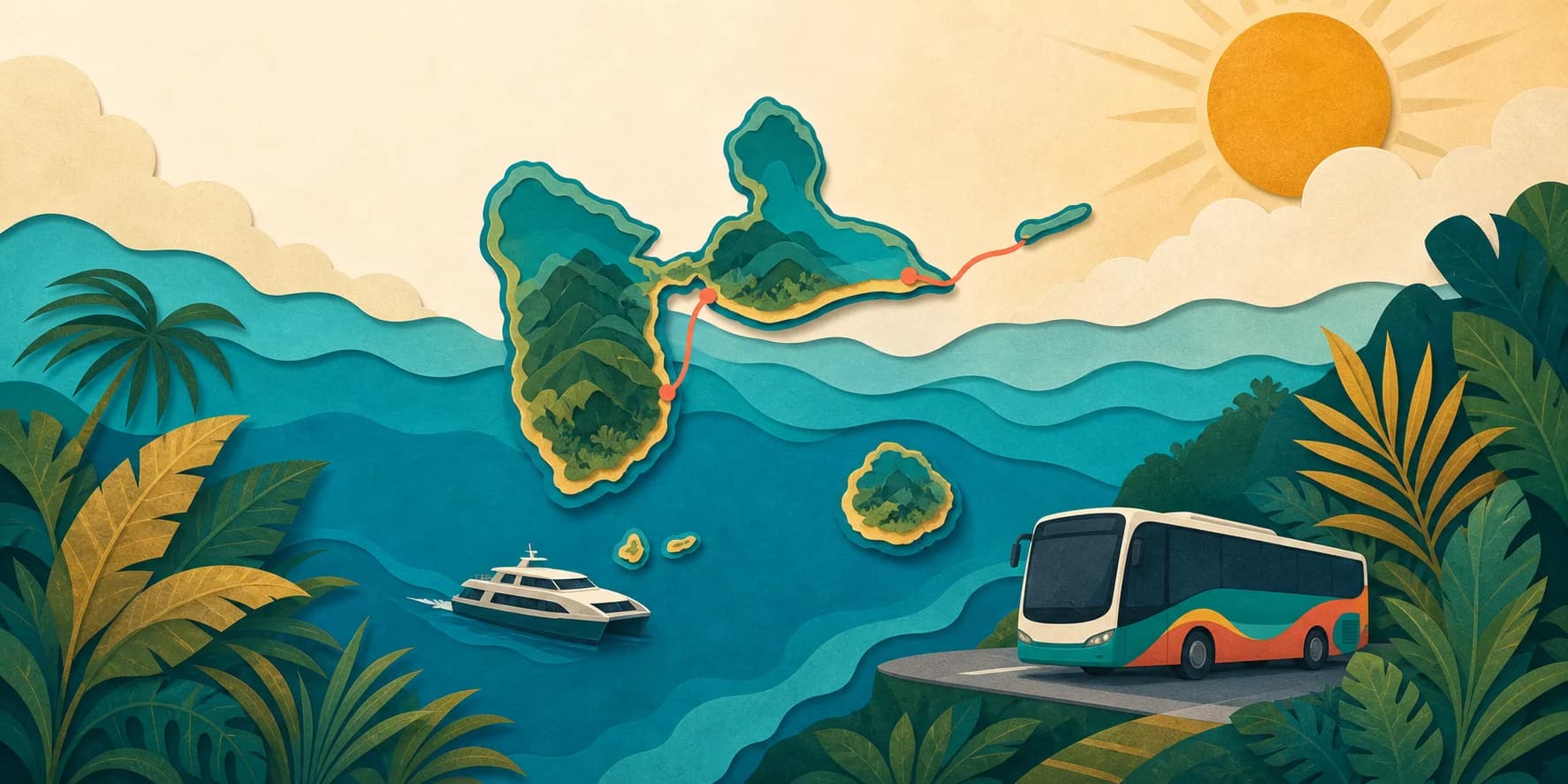 Illustration des transports en Guadeloupe avec un bus et la carte du territoire